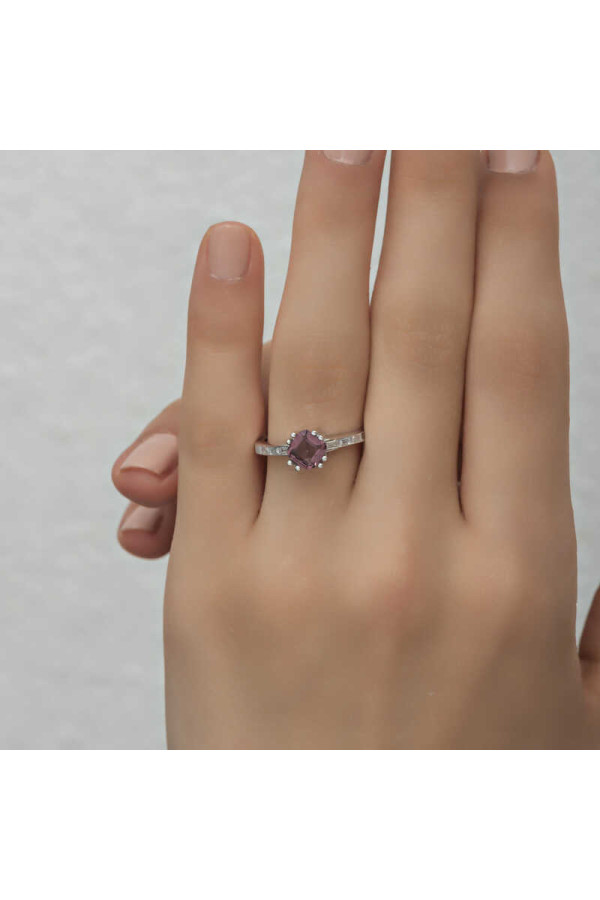 Gümüş Pembe Baget Tek Taş Kadın Yüzük