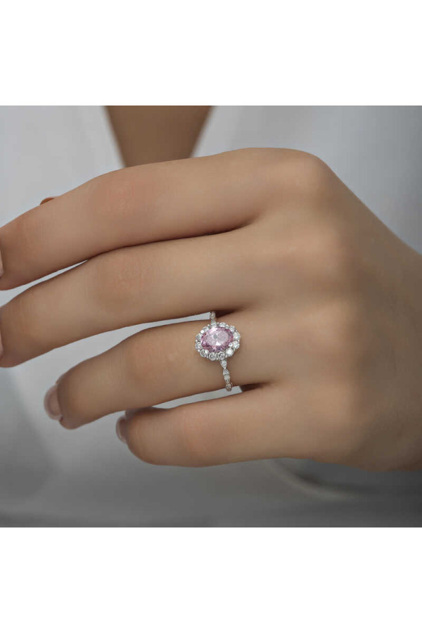 Gümüş Pembe Oval Taşlı Kadın Yüzük