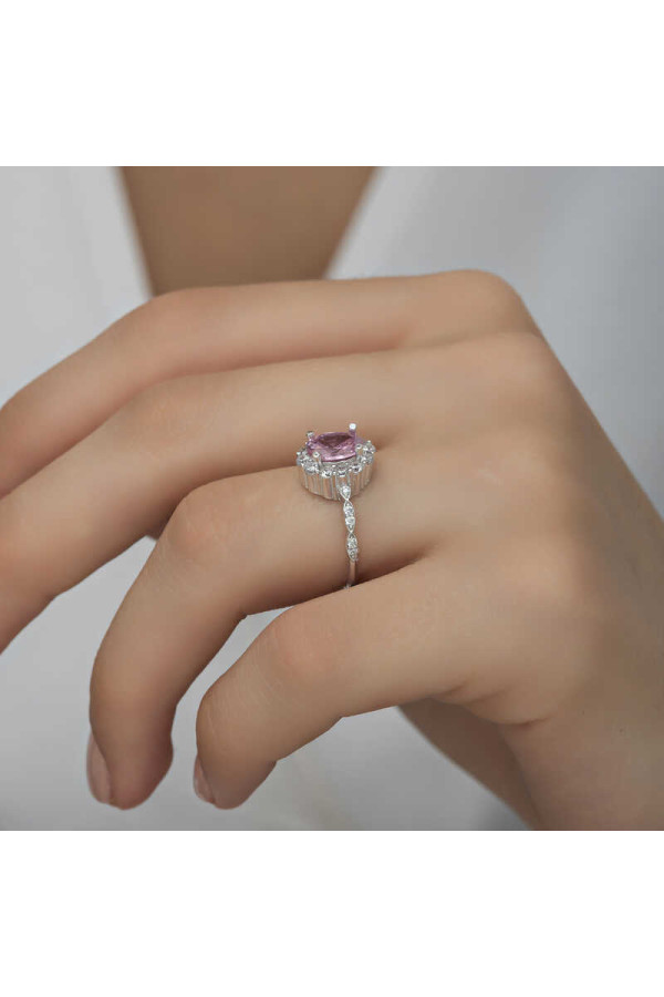 Gümüş Pembe Oval Taşlı Kadın Yüzük