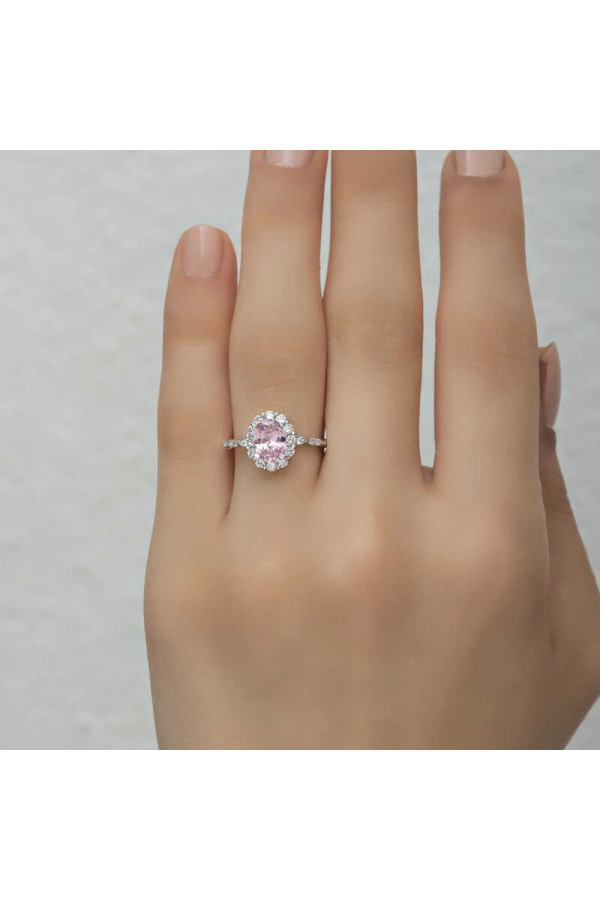 Gümüş Pembe Oval Taşlı Kadın Yüzük