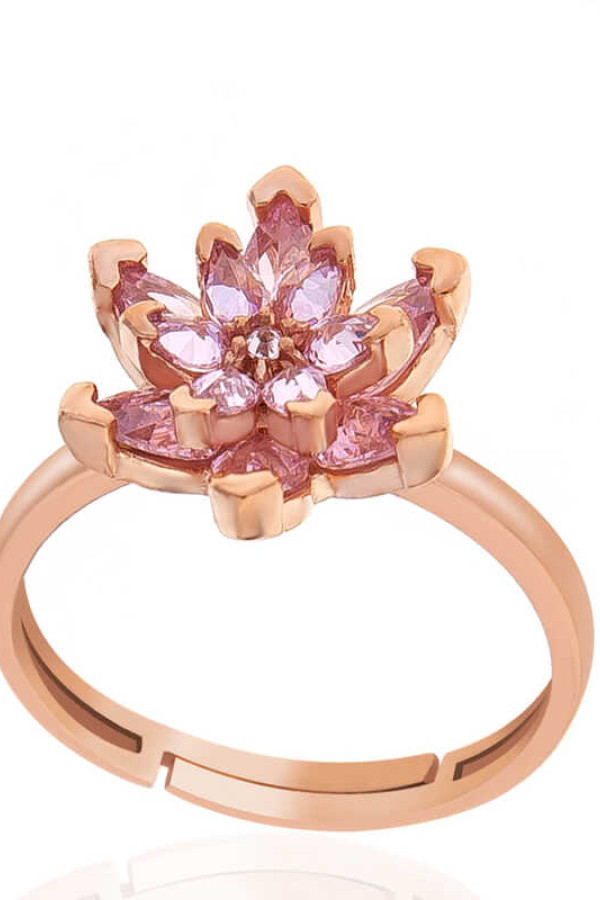 Gümüş Rose Pembe Taşlı Lotus Çiçeği Kadın Yüzük