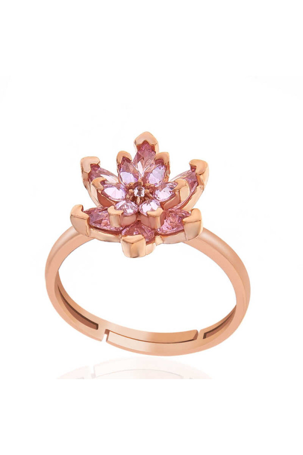 Gümüş Rose Pembe Taşlı Lotus Çiçeği Kadın Yüzük