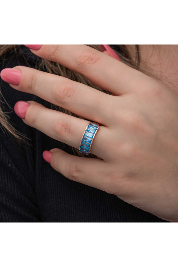 Gümüş Rose Baget  Aquamarine Taşlı Kadın Yüzük