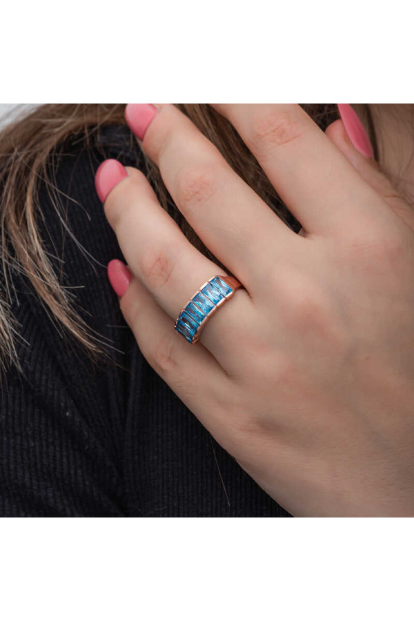 Gümüş Rose Baget  Aquamarine Taşlı Kadın Yüzük