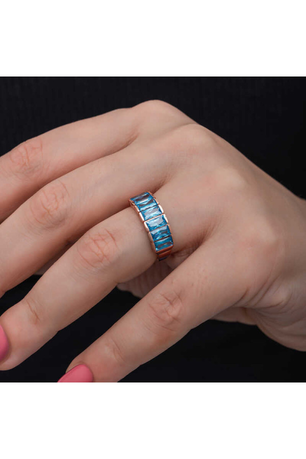 Gümüş Rose Baget  Aquamarine Taşlı Kadın Yüzük