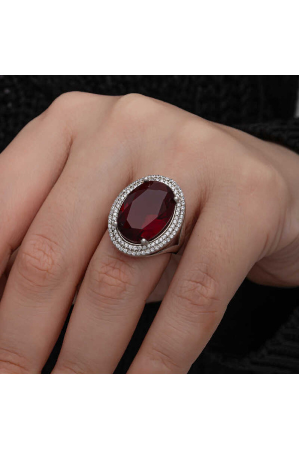 Gümüş Kırmızı Oval Taşlı Kadın Yüzük