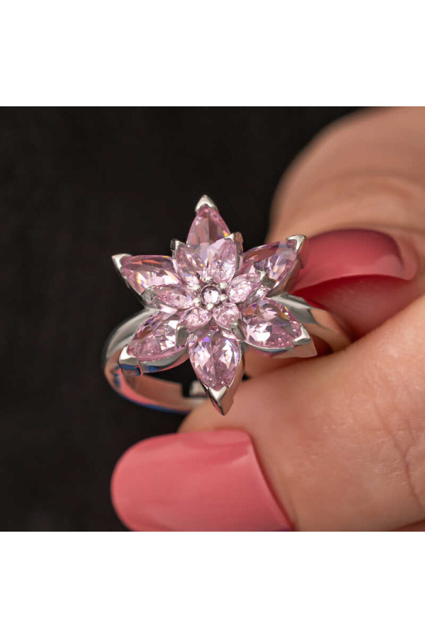 Gümüş Pembe Lotus Çiçeği Kadın Yüzük