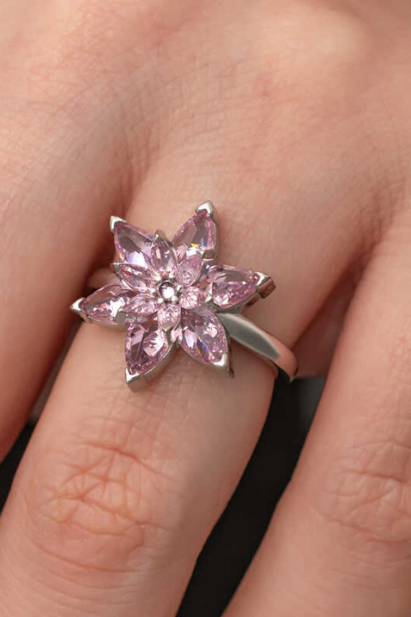Gümüş Pembe Lotus Çiçeği Kadın Yüzük