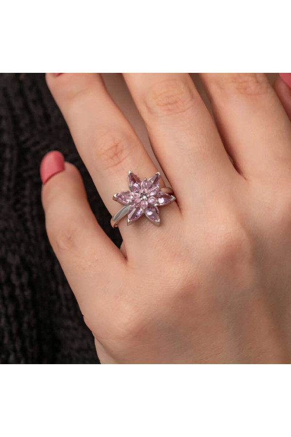 Gümüş Pembe Lotus Çiçeği Kadın Yüzük