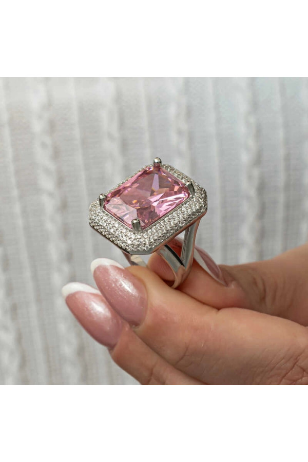 Gümüş Pembe Zirkon Taşlı Kadın Yüzük
