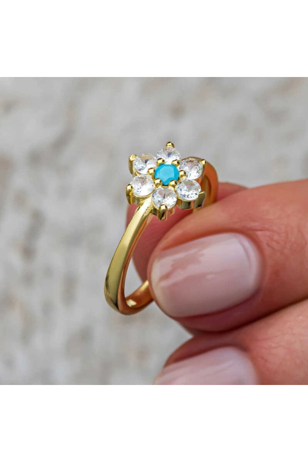 Gümüş Mavi Taşlı Gold Çiçek Kadın Yüzük