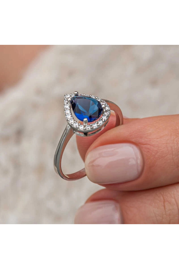 Gümüş Damla Safir Taşlı Kadın Yüzük