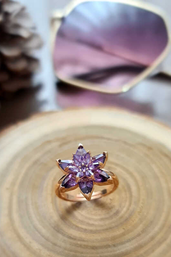 Gümüş Rose Mor Lotus Çiçeği Yüzük