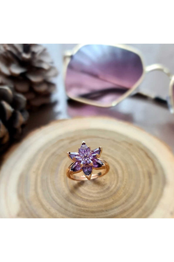 Gümüş Rose Mor Lotus Çiçeği Yüzük