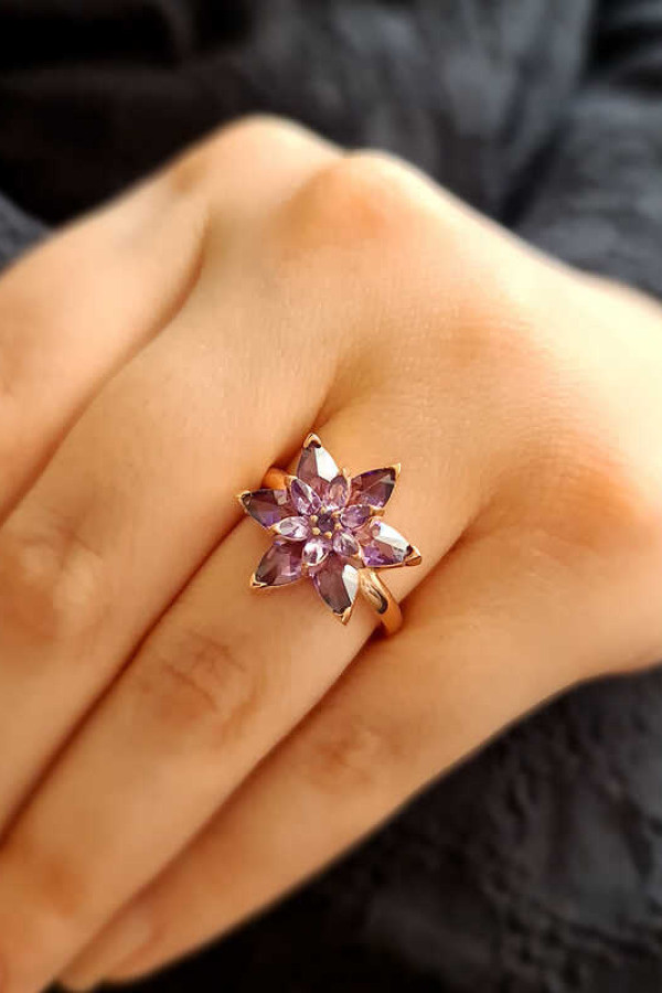 Gümüş Rose Mor Lotus Çiçeği Yüzük