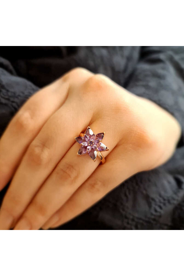 Gümüş Rose Mor Lotus Çiçeği Yüzük