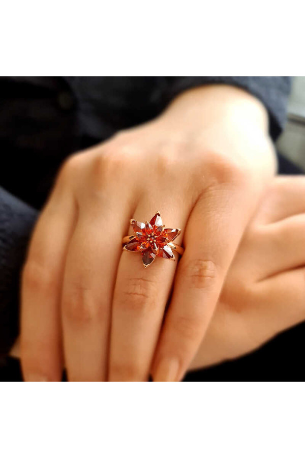Gümüş Rose Kırmızı Lotus Çiçeği Yüzük