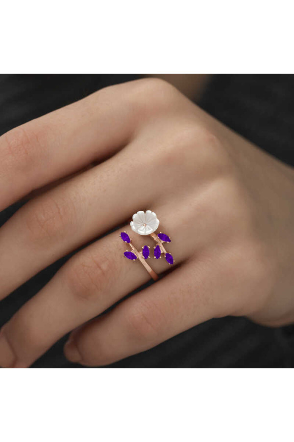 Gümüş Rose Mor Yapraklı Bahar Çiçeği Yüzük