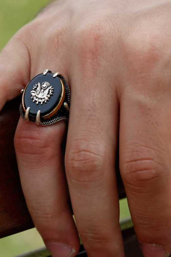 Gümüş Siyah Taşlı Kartal Pençesi Osmanlı Devlet Arması Erkek Yüzük