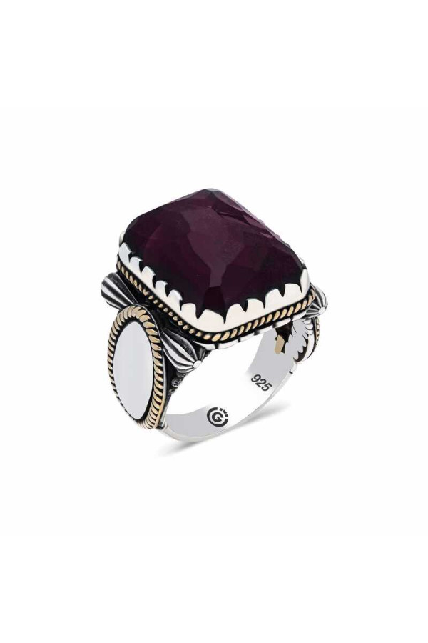 ​Gümüş Bordo Taşlı Köşeli Erkek Yüzük