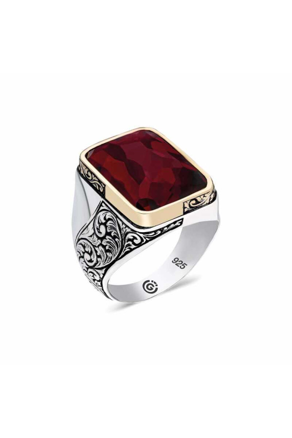 ​Gümüş Bordo Taşlı Köşeli Erkek Yüzük