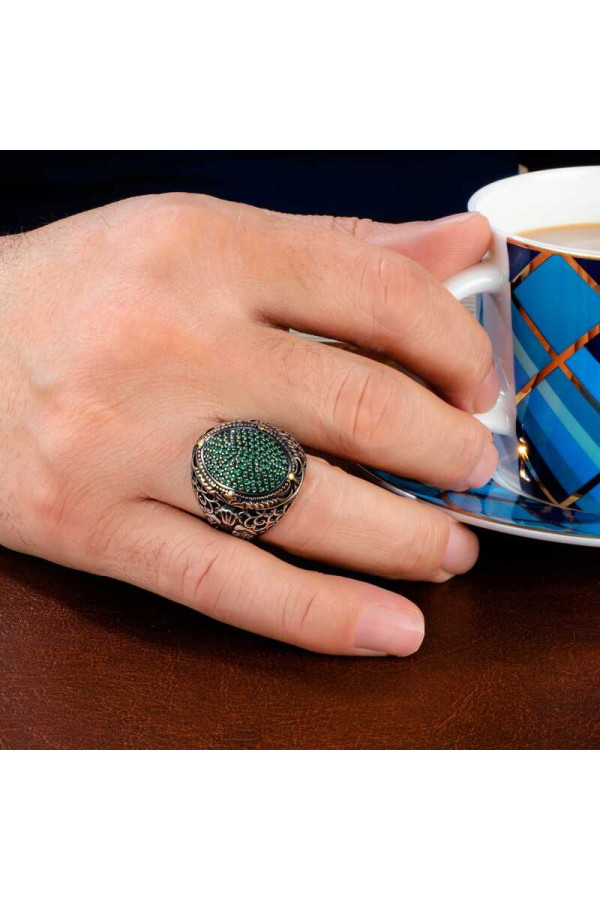 Gümüş Yeşil Zirkon Taşlı Oval Erkek Yüzük