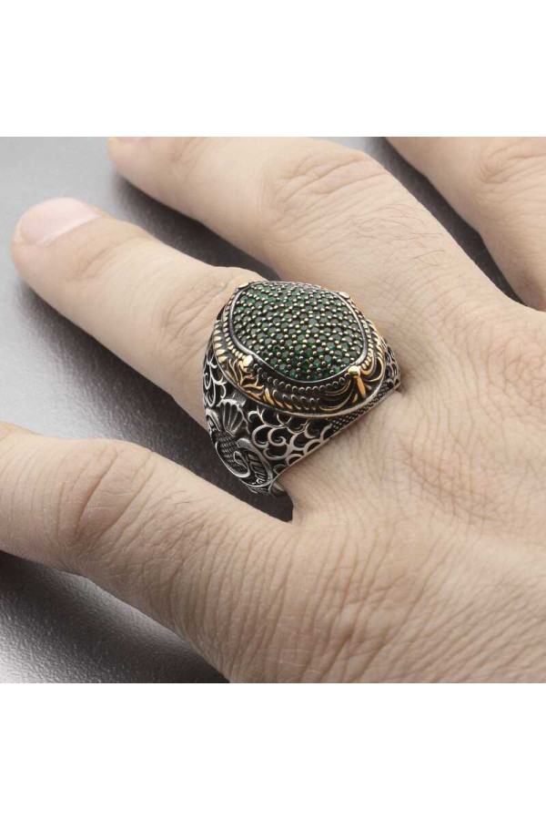 Gümüş Yeşil Zirkon Taşlı Oval Erkek Yüzük