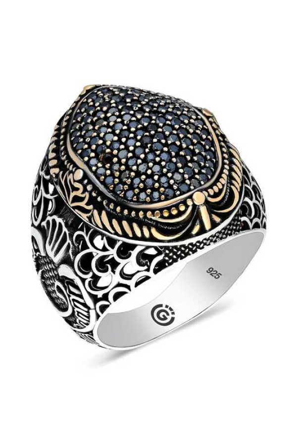 Gümüş Siyah Zirkon Taşlı Oval Erkek Yüzük