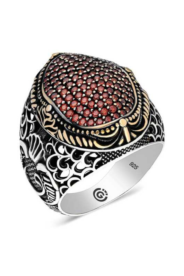 Gümüş Kırmızı Zirkon Taşlı Oval Erkek Yüzük