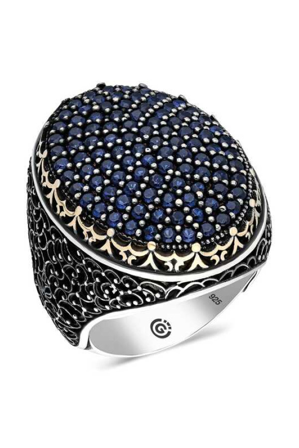 Gümüş Lacivert Zirkon Taşlı Oval Erkek Yüzük