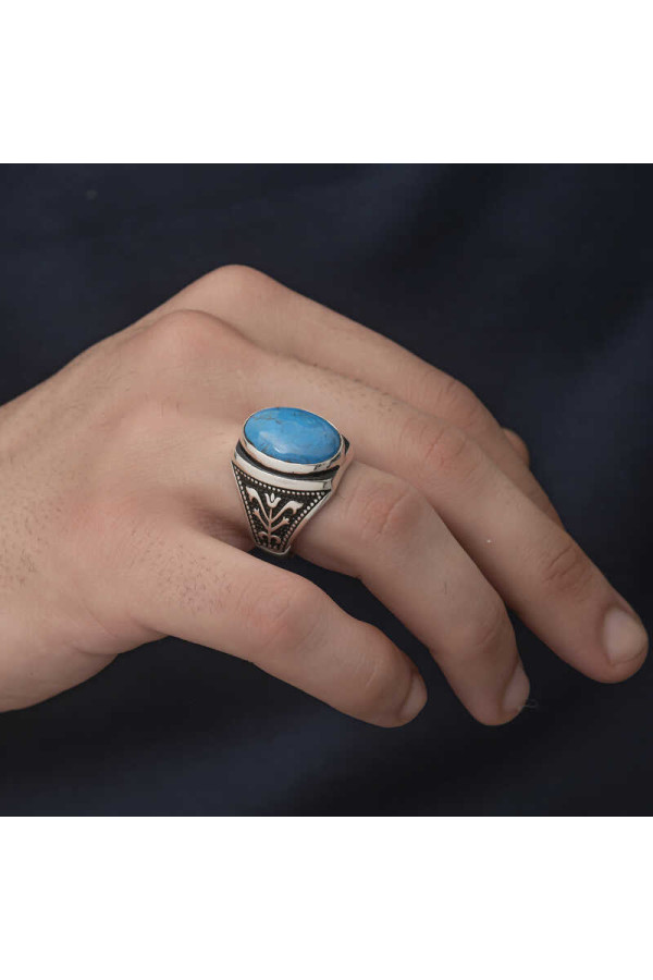 Gümüş Zirkon Turkuaz Taşlı Oval Erkek Yüzük