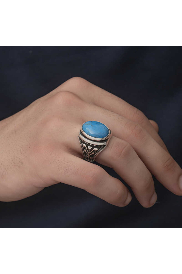Gümüş Zirkon Turkuaz Taşlı Oval Erkek Yüzük