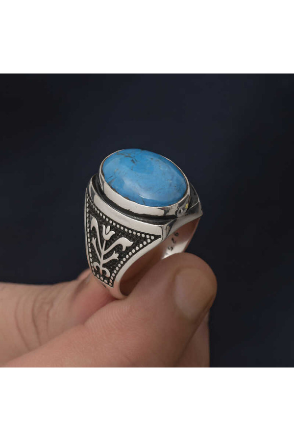 Gümüş Zirkon Turkuaz Taşlı Oval Erkek Yüzük