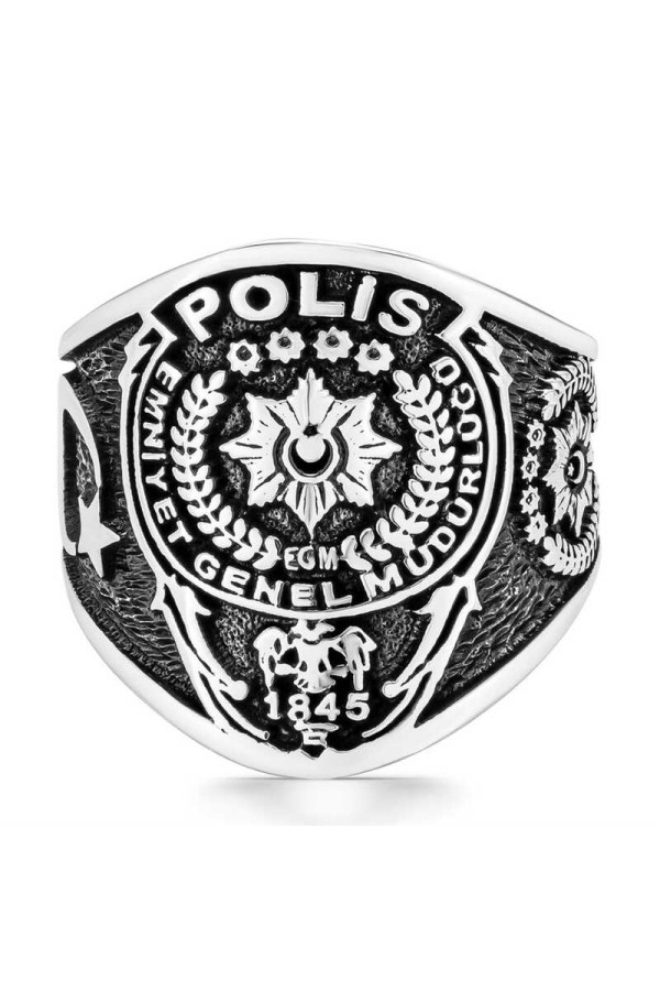 Gümüş Polis Armalı Türk Desenli Erkek Yüzük