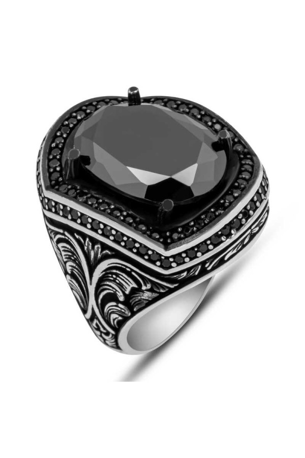 Gümüş Siyah Zirkon Taşlı Oval Erkek Yüzük