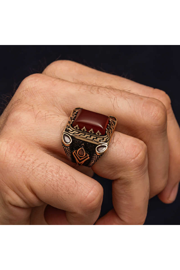 Gümüş Kırmızı Akik Taşlı Erkek Yüzük