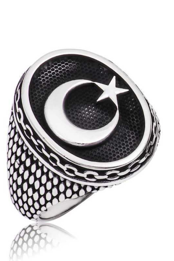 Gümüş Ay Yıldız Erkek Yüzük