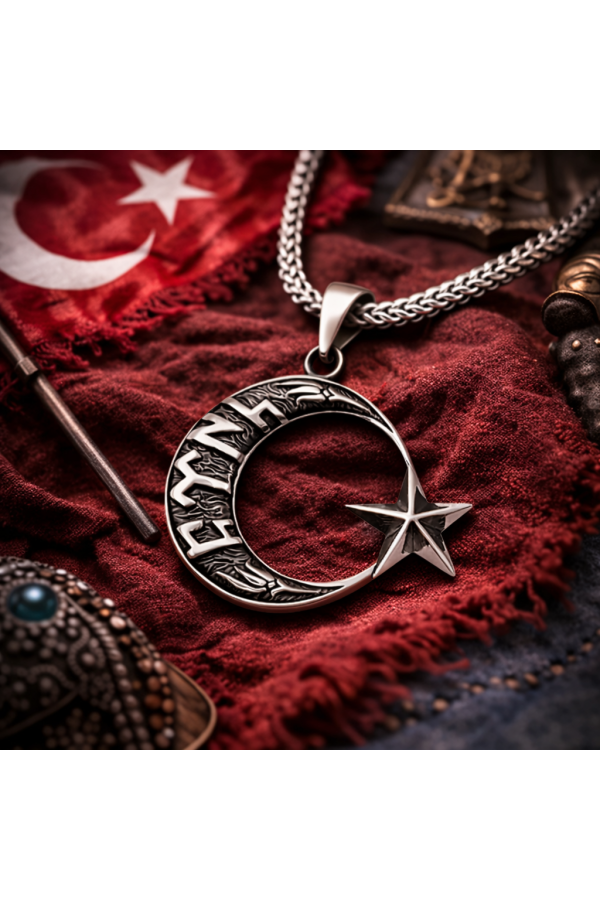 Gümüş Göktürkçe Türk Yazılı Ay Yıldız Erkek Kolye