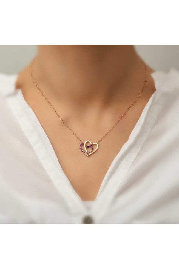 Gümüş Rose İki Kalp Bayan Kolye