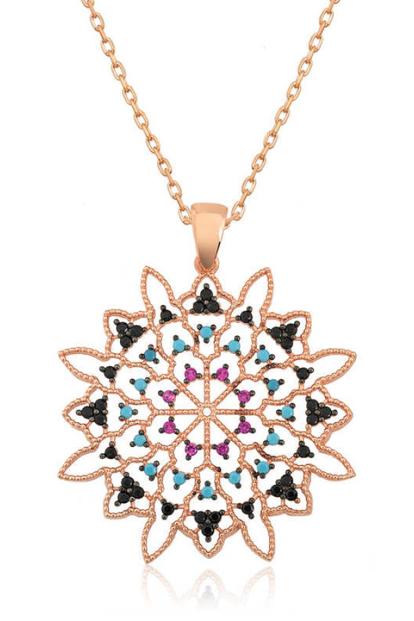 Gümüş Rose Geometrik Desenli Madalyon Kolye