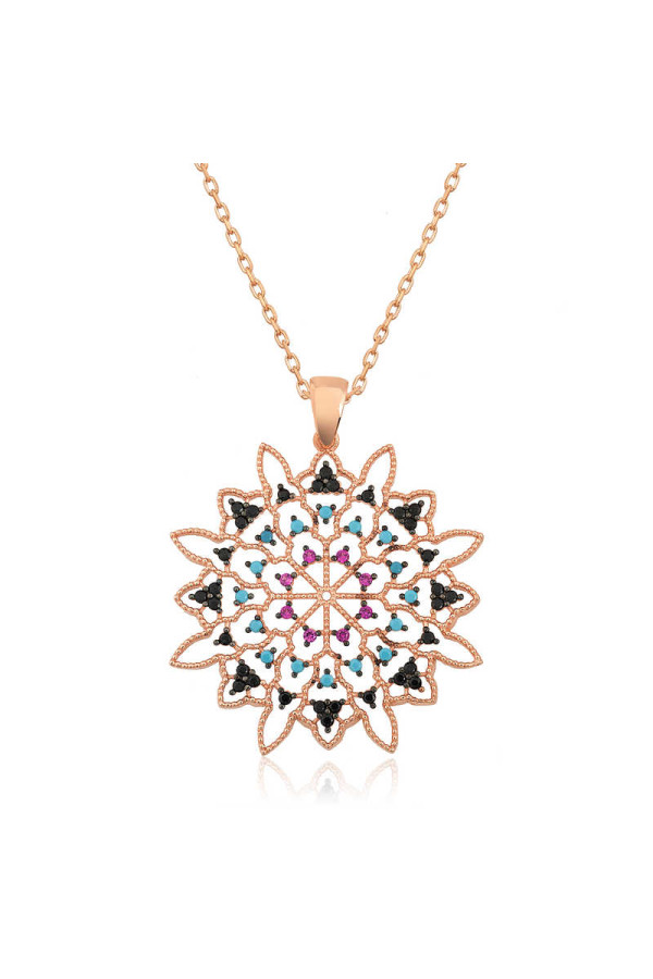 Gümüş Rose Geometrik Desenli Madalyon Kolye