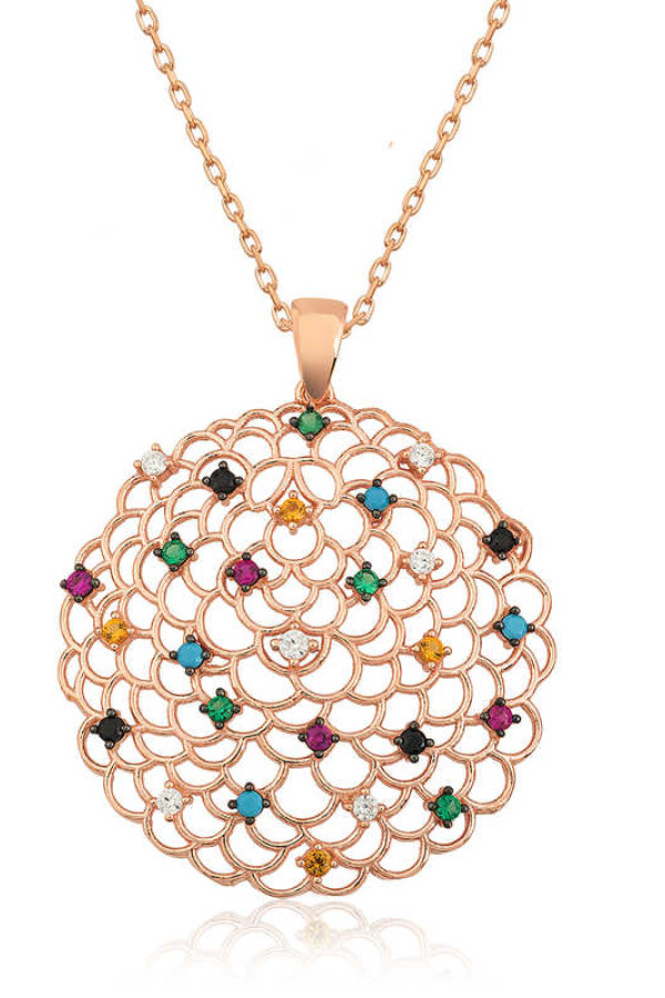 Gümüş Rose Geometrik Desenli Madalyon Kolye