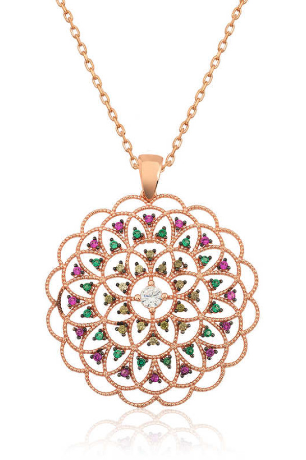 Gümüş Rose Geometrik Desenli Madalyon Kolye