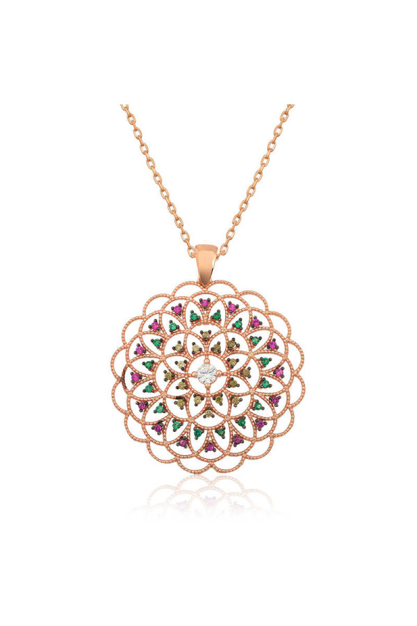 Gümüş Rose Geometrik Desenli Madalyon Kolye