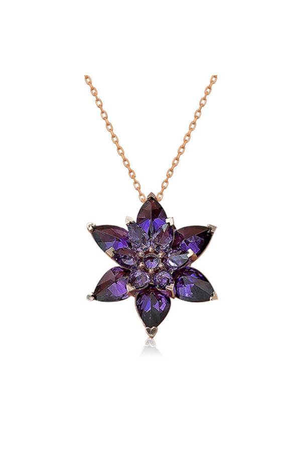 Gümüş Rose Mor Lotus Çiçeği Kolye