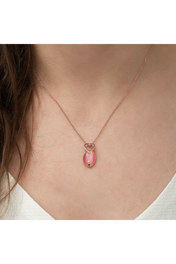 ​Gümüş Pembe Kedi Gözü Taşlı Kalp Kolye