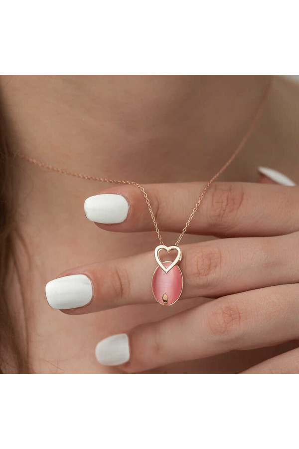 ​Gümüş Pembe Kedi Gözü Taşlı Kalp Kolye