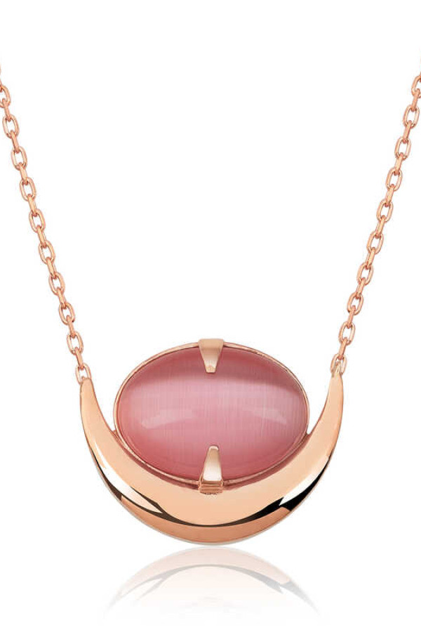 Gümüş Pembe Kedi Gözü Taşlı Hilal Kolye