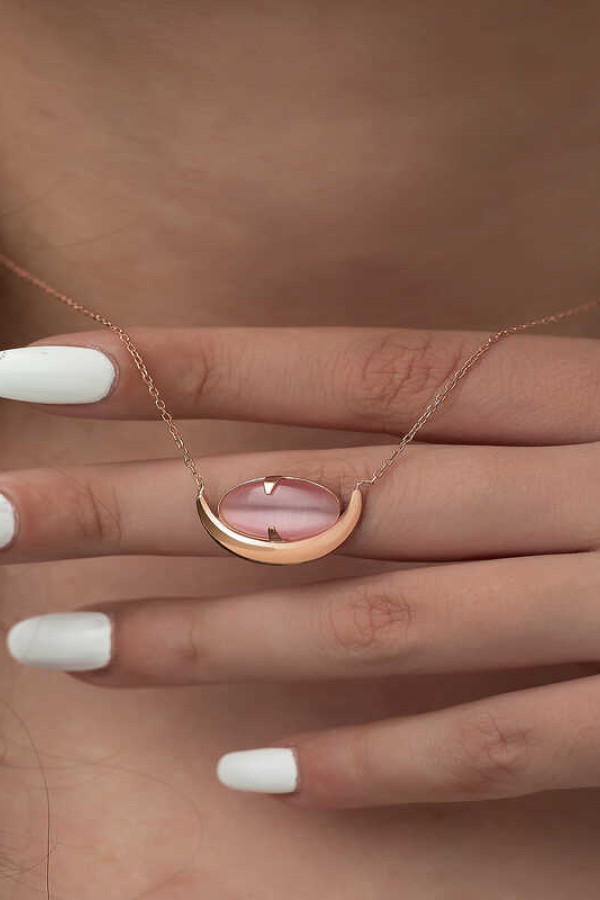 Gümüş Pembe Kedi Gözü Taşlı Hilal Kolye
