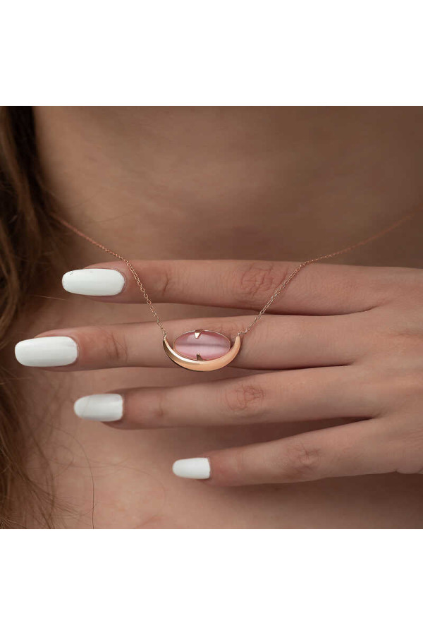 Gümüş Pembe Kedi Gözü Taşlı Hilal Kolye
